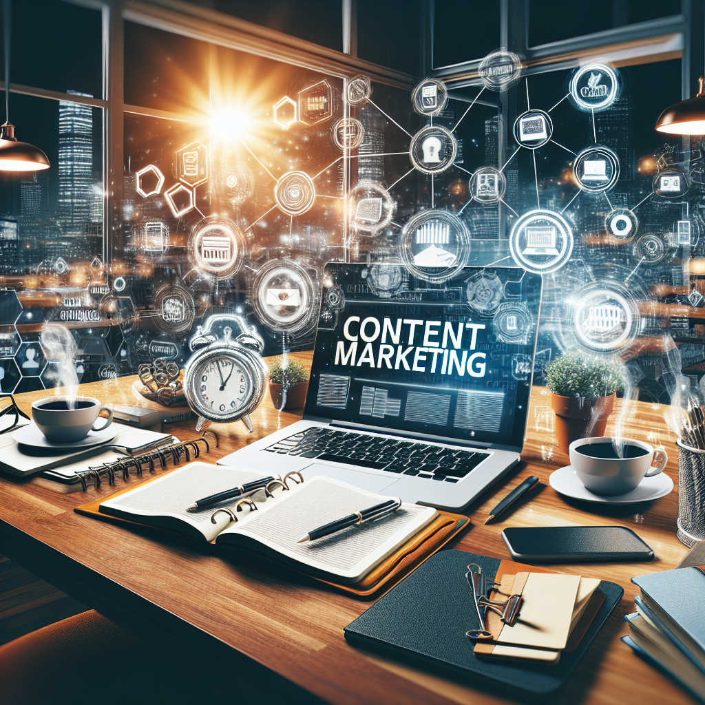 Generate an image of content marketing for executive search, with an emphasis on high-quality articles, eBooks, and reports. Show a busy workspace with planners, laptops, and coffee, highlighting the creative process with warm and inviting lighting.