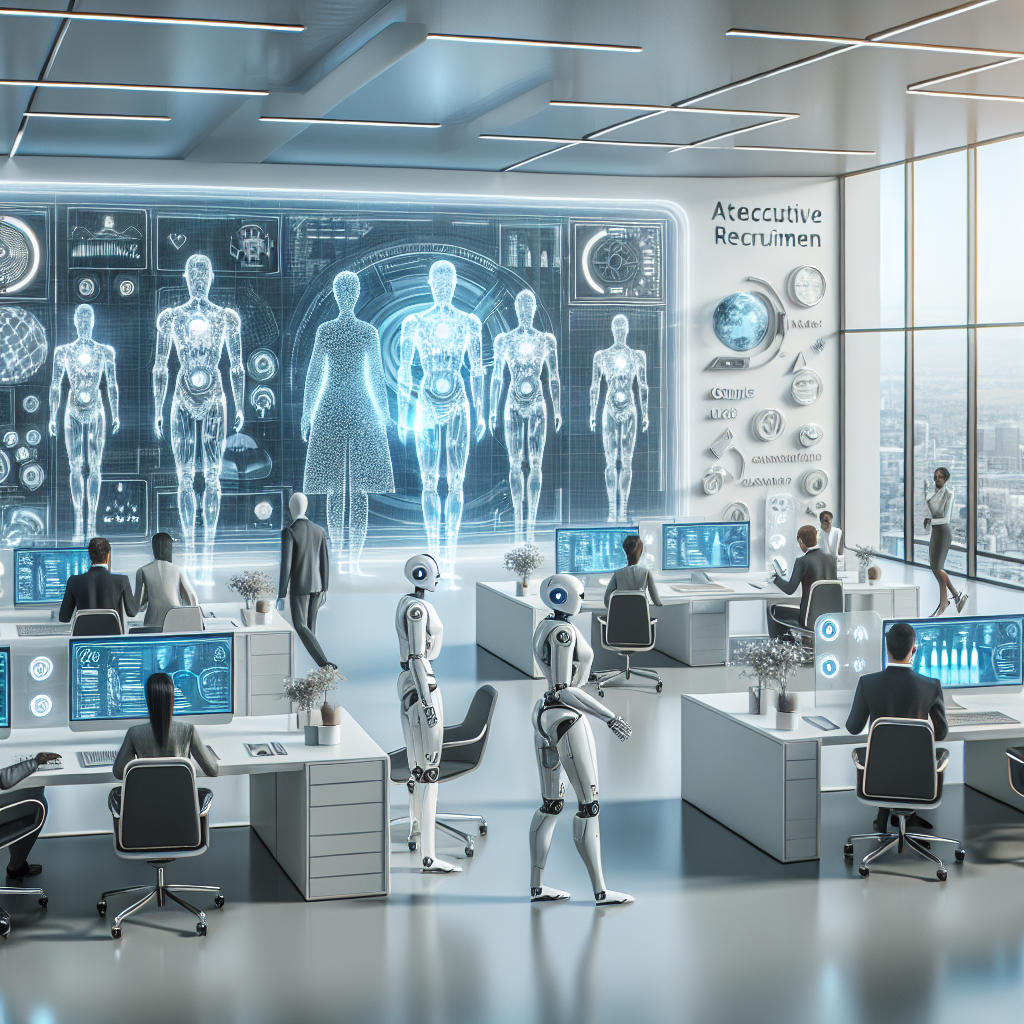 Generate an image depicting AI-driven tools in executive recruitment. Robots and humans working together in harmony in a futuristic office, with holographic displays showcasing candidate profiles and predictive analytics. The color scheme should include whites, light grays, and accents of electric blue.