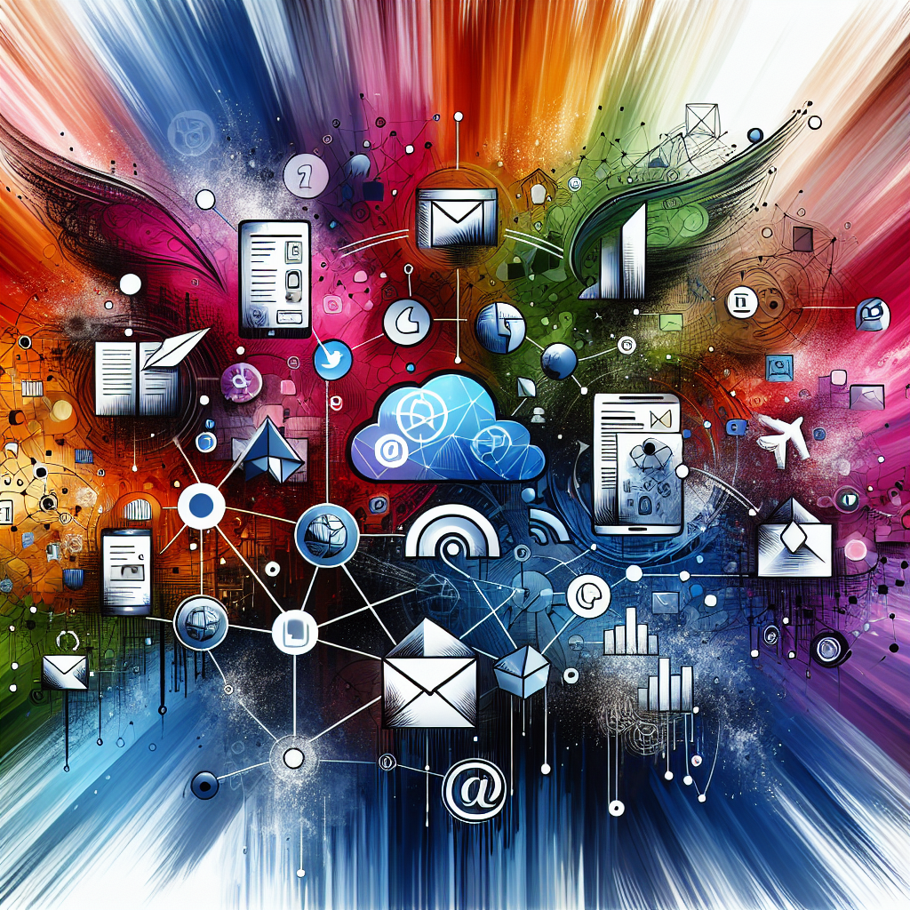 Generate an image illustrating an omnichannel lead generation strategy for executive search. Display various interconnected channels like social media, email, mobile, and direct mail, forming a comprehensive network. Use vibrant and dynamic colors to reflect the energetic and multifaceted nature of the strategy.