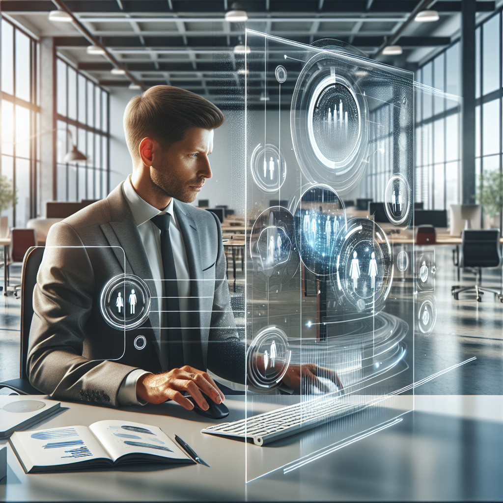 Generate an image depicting a recruitment specialist analyzing data and segmenting target audiences with charts and graphs in the background. The setting should be a modern office with a bright and organized aesthetic, emphasizing the concept of audience segmentation in email campaigns.