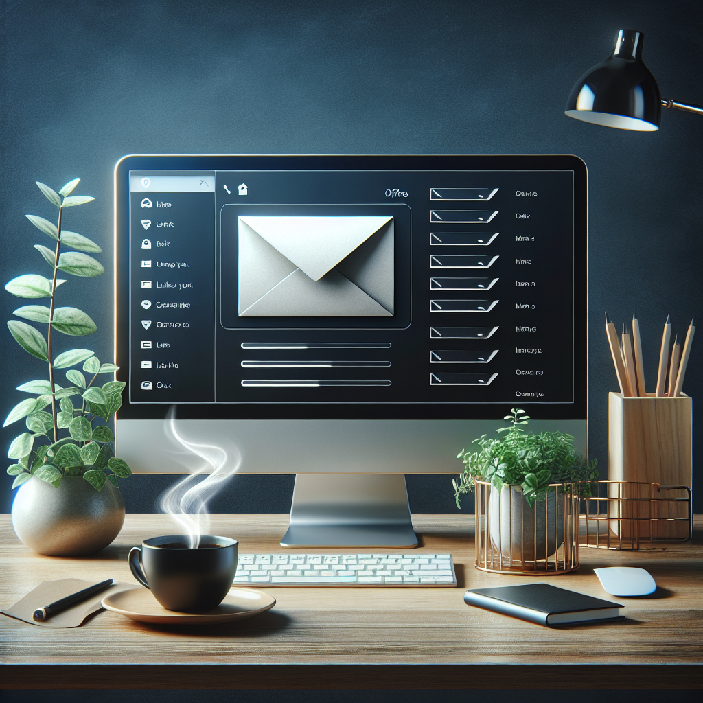 Generate an image of an email interface on a sleek computer screen, showcasing a personalized email addressed to a candidate with their name highlighted. The background should include elements like a tidy desk, a coffee cup, and some greenery, reflecting a productive workspace.