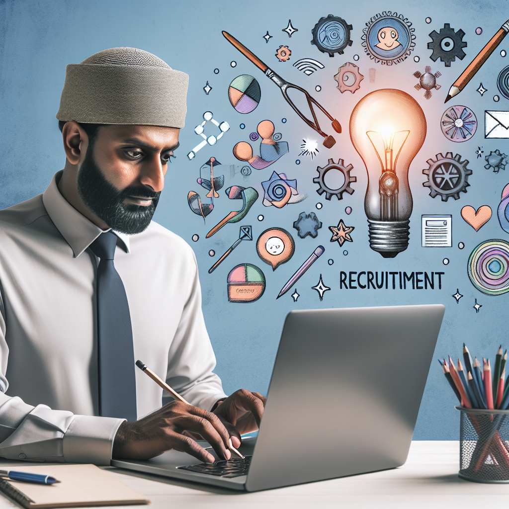 Generate an image of a recruiter crafting an email with highly relevant content on a laptop. The screen should display engaging visuals and text relevant to the recruitment sector. Surrounding the recruiter are symbols and icons representing creativity and content creation.