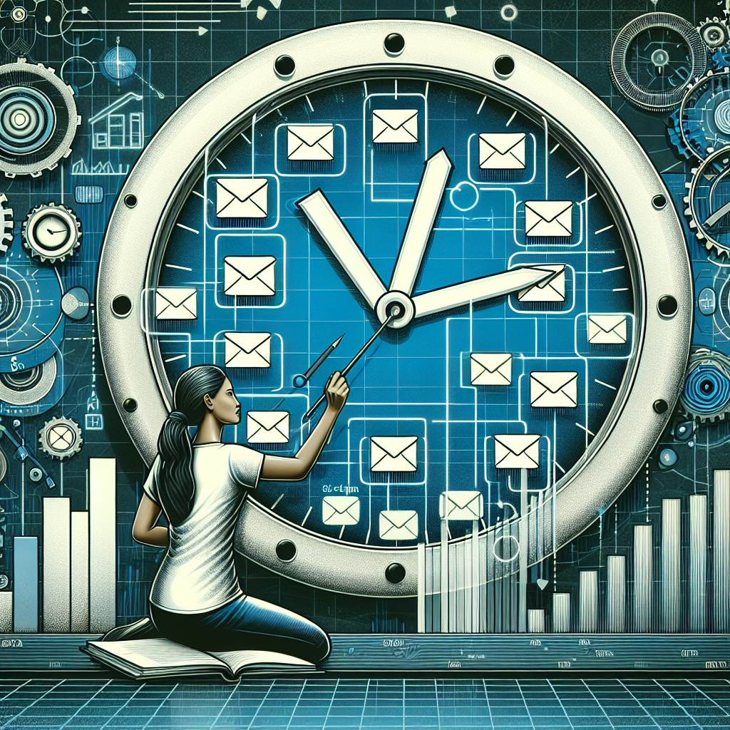 Generate an image illustrating the importance of timing in email campaigns for recruitment. Show a giant clock with email icons at various times, and a recruiter planning out email schedules. The background should be a blend of digital and abstract elements, giving a sense of strategic timing and planning.