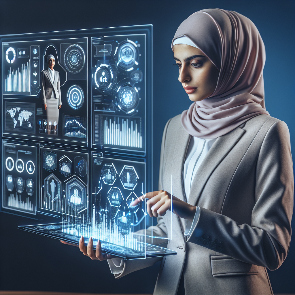 Generate an image of a professional recruiter analyzing data and research on potential candidates, with a focus on charts, graphs, and a digital interface that highlights strategy planning.