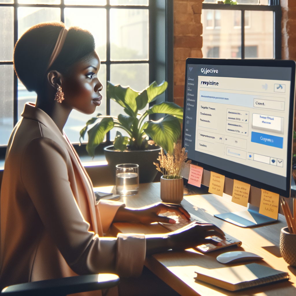 Generate an image portraying a personalized email or message being drafted by a recruiter, with emphasis on the personal touch, using candidate-specific information and a friendly tone. Include an office setting with a recruiter at a desk.