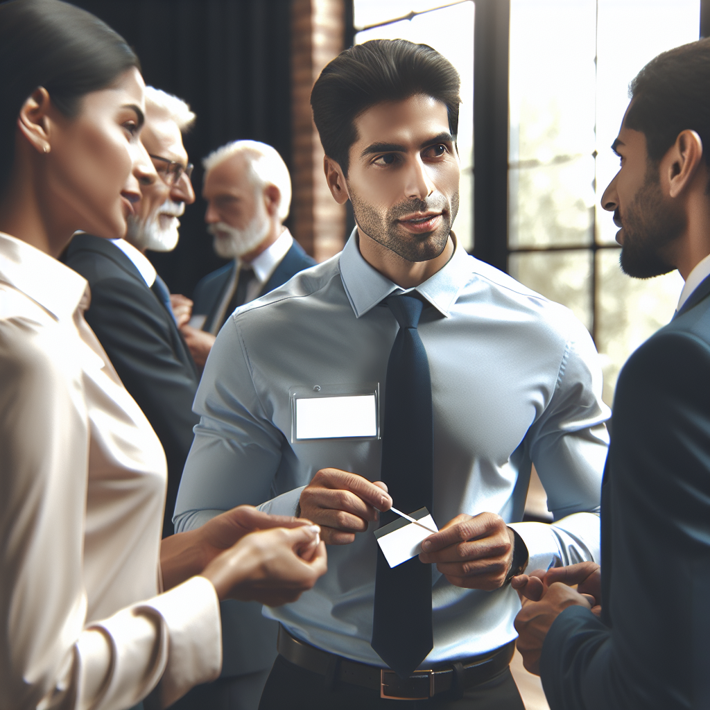 Generate an image of a determined recruiter engaging in valuable interactions with candidates at a networking event, portraying active conversations, exchanging business cards, and showcasing the importance of perseverance.