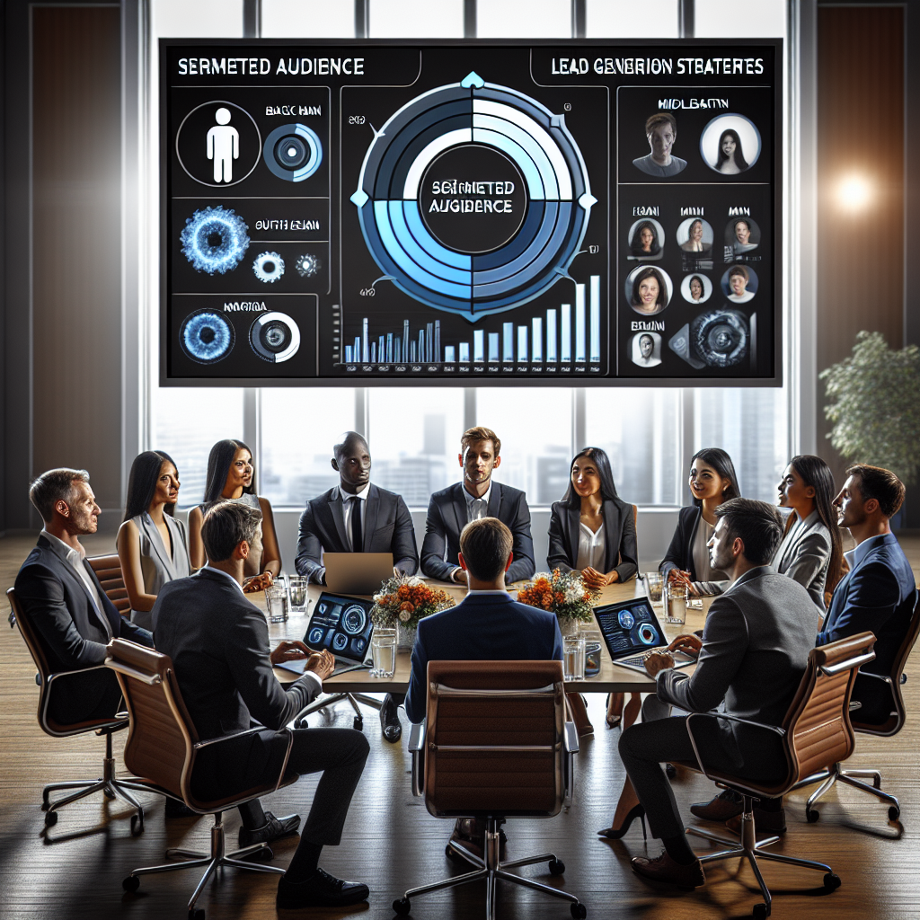 Generate an image of a diverse marketing team collaborating on lead generation strategies around a large digital screen, displaying various segmented audience analytics and metrics. The atmosphere is dynamic and professional, reflecting the targeted approach to different recruitment segments.