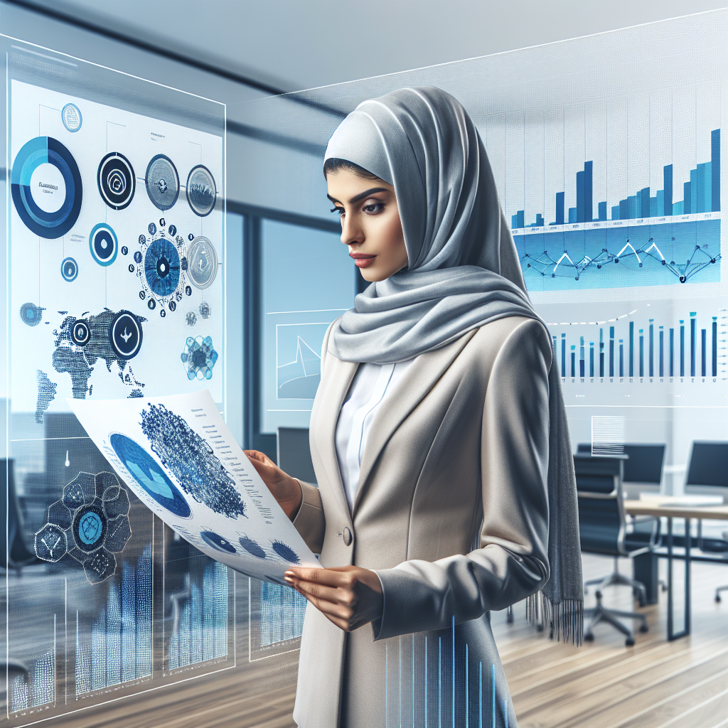Generate an image of a businesswoman studying a detailed pain point analysis report in front of a large chart showing various pain points across different audience segments. The setting should be a modern office with a focus on analytical and data-driven decision making.