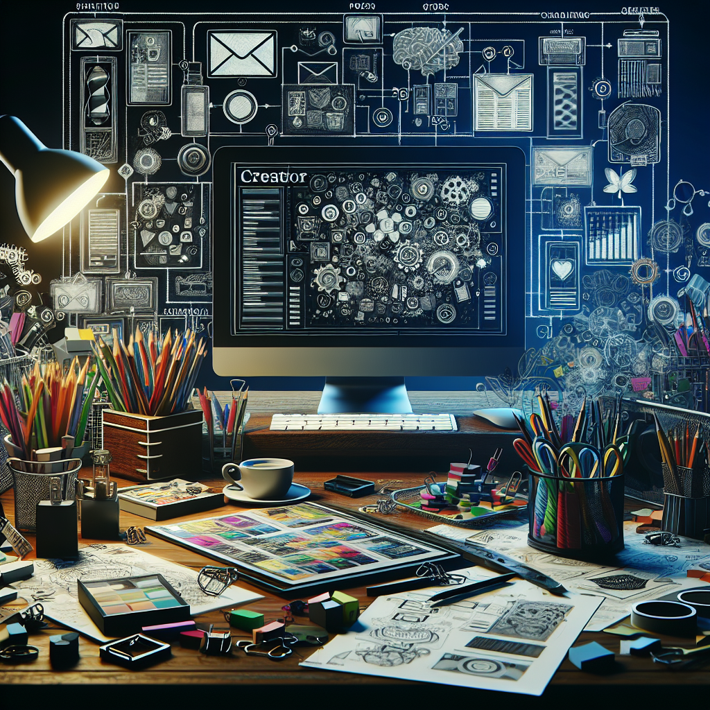Generate an image of a content creator's desk, filled with tools and devices used for personalized content creation. Include elements like a computer with a content calendar, personalized message drafts, and various creative materials like storyboards, graphics, and writing notes, highlighting the process of creating tailored content for specific segments.