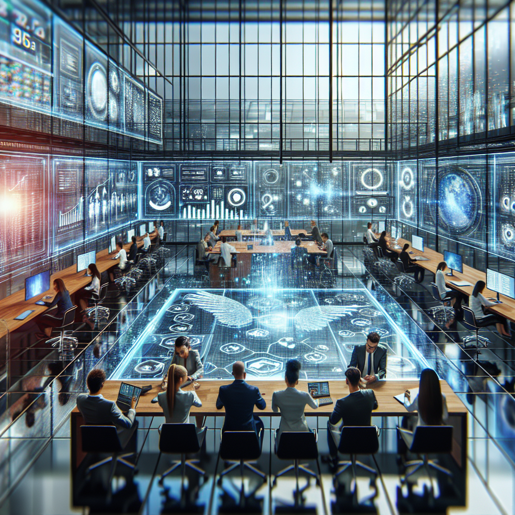 Generate an image of a high-tech office with interconnected digital screens showcasing various sales, marketing, and recruitment metrics. The room should have a sleek, modern design with professionals collaborating around a central digital table.