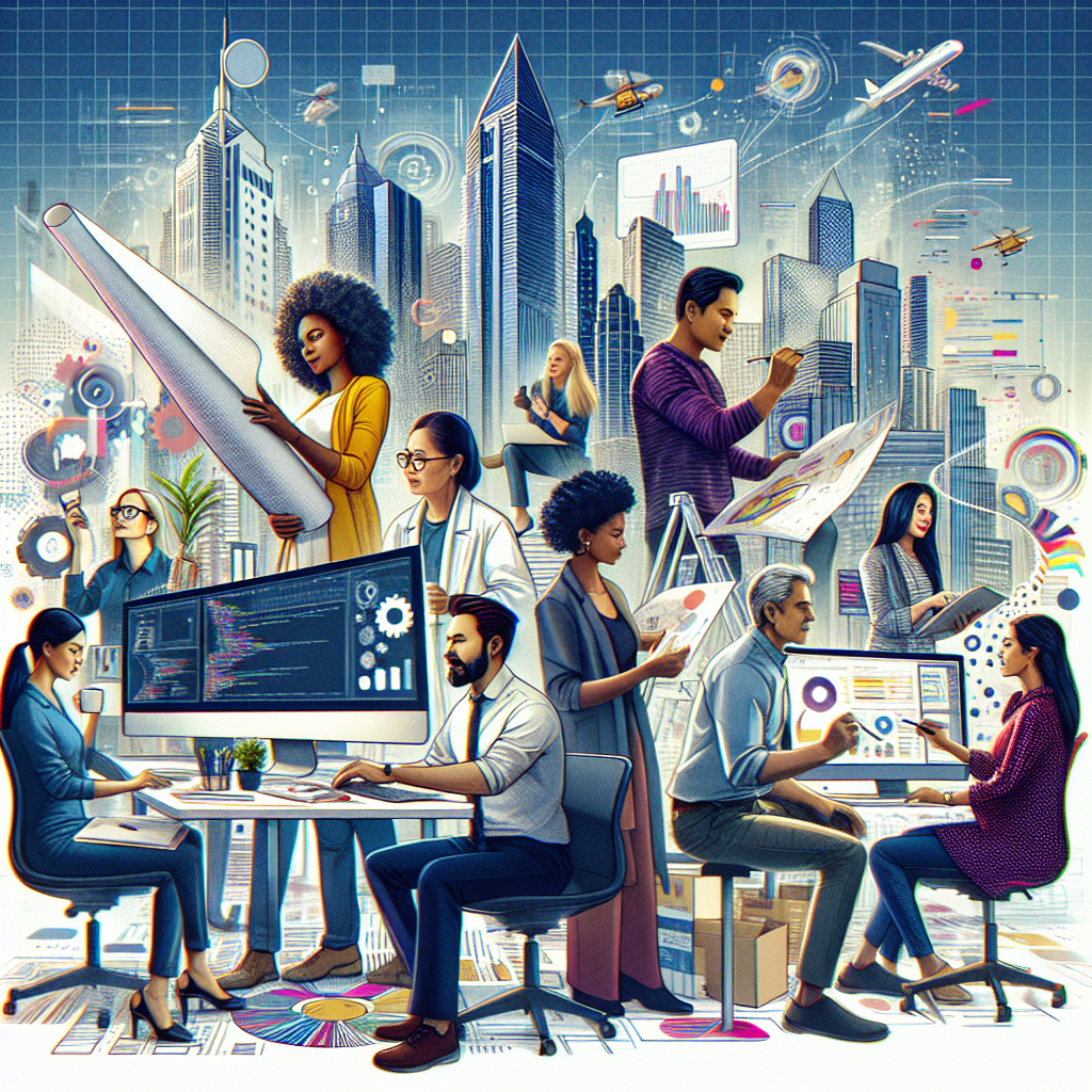 Generate an image of a dynamic employer branding campaign featuring a vibrant collage of diverse employees engaged in various creative and professional activities. The background should portray a futuristic cityscape with digital billboards displaying the company's brand.