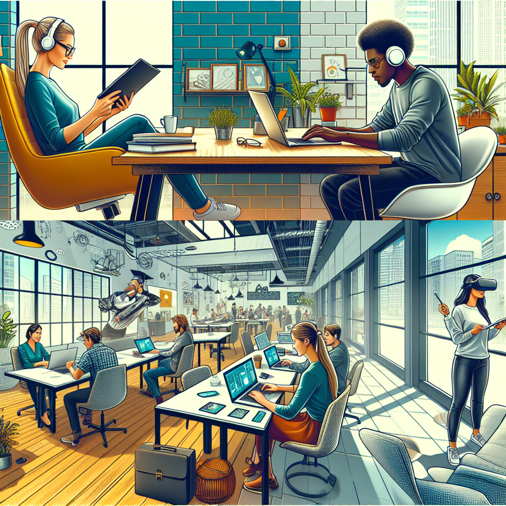 Generate an image of a flexible work environment with employees working from various locations such as a home office, a coffee shop, and a co-working space. Highlight the integration of advanced technology and tools enabling seamless collaboration and productivity.