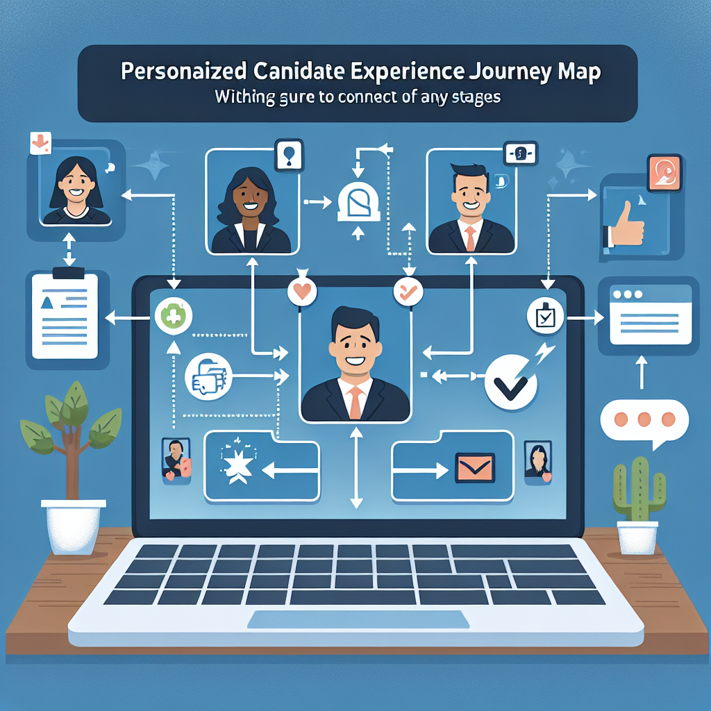 Generate an image of a personalized candidate experience journey map. Illustrate different stages such as resume submission, virtual interviews, and feedback sessions, all connected through a smooth and engaging digital interface. Include visuals of happy candidates interacting with recruiters.