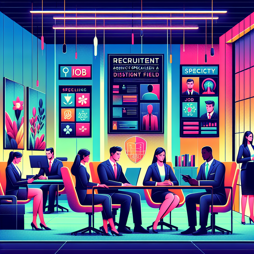Generate an image depicting a thriving recruitment agency specializing in a specific niche, with vibrant colors and a sleek modern office setting, showcasing dedicated recruiters engaged in discussions. The environment conveys a sense of expertise and specialization, with visual elements like niche-specific job boards and industry-related decorations.