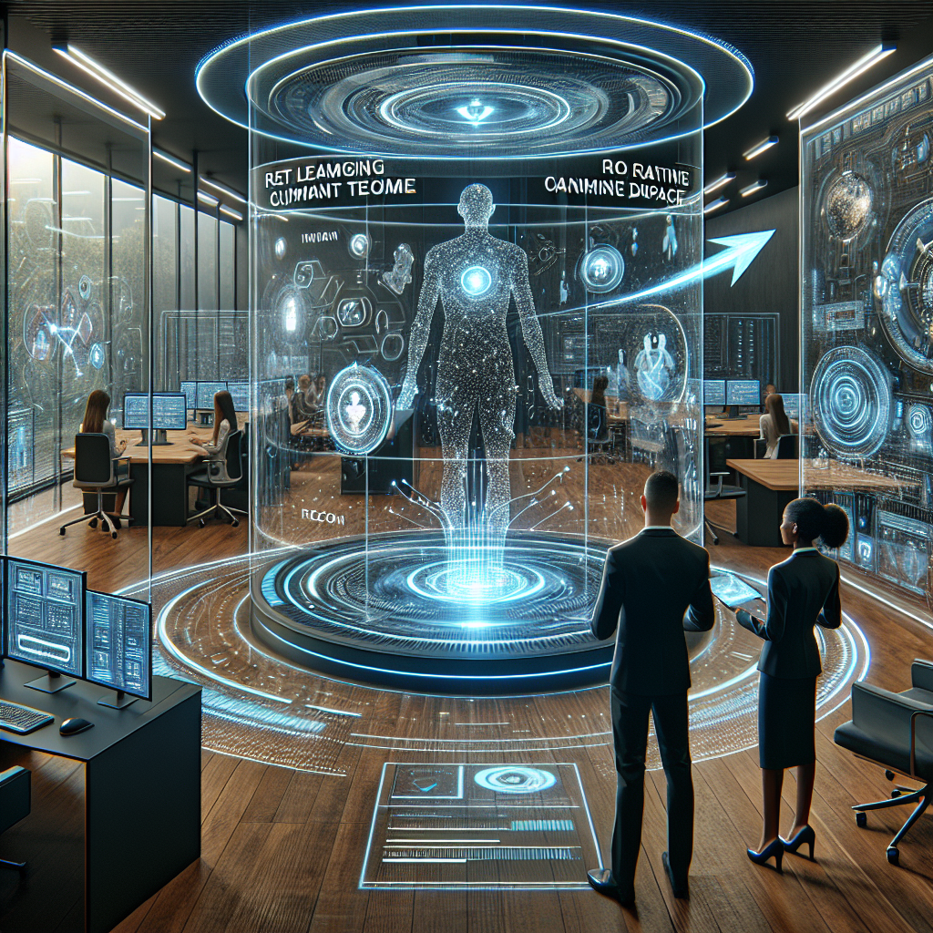Generate an image illustrating a futuristic recruitment agency investing in technology, with digital interfaces, AI-driven processes, and virtual reality tools being used by recruiters. The scene should be dynamic and innovative, highlighting how technology enhances efficiency and candidate engagement in a tech-savvy workspace.