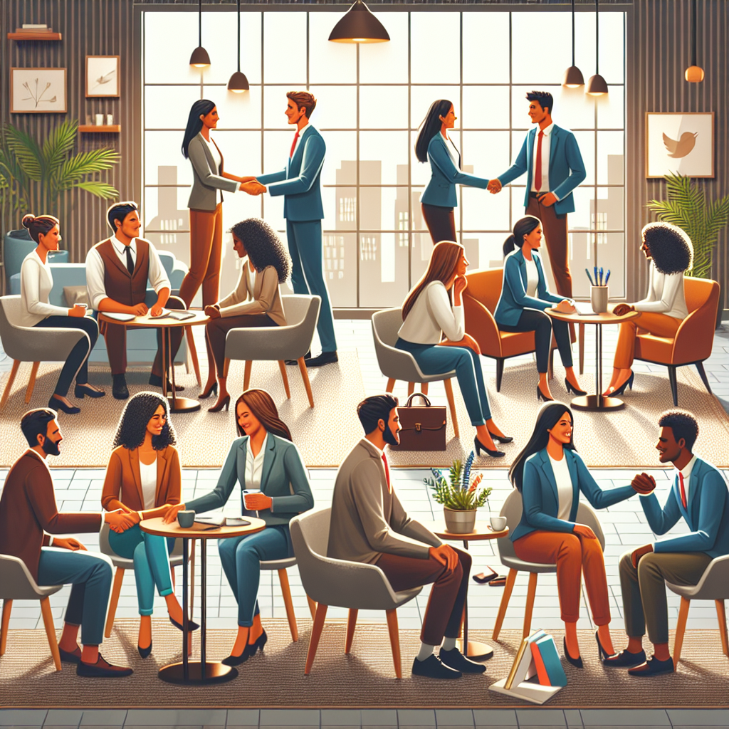 Generate an image of recruiters building strong relationships with clients and candidates, set in a cozy and welcoming office atmosphere. The focus should be on warm interactions, personalized service, and trust-building activities, symbolized by handshake motifs, friendly conversations, and supportive collaborations.