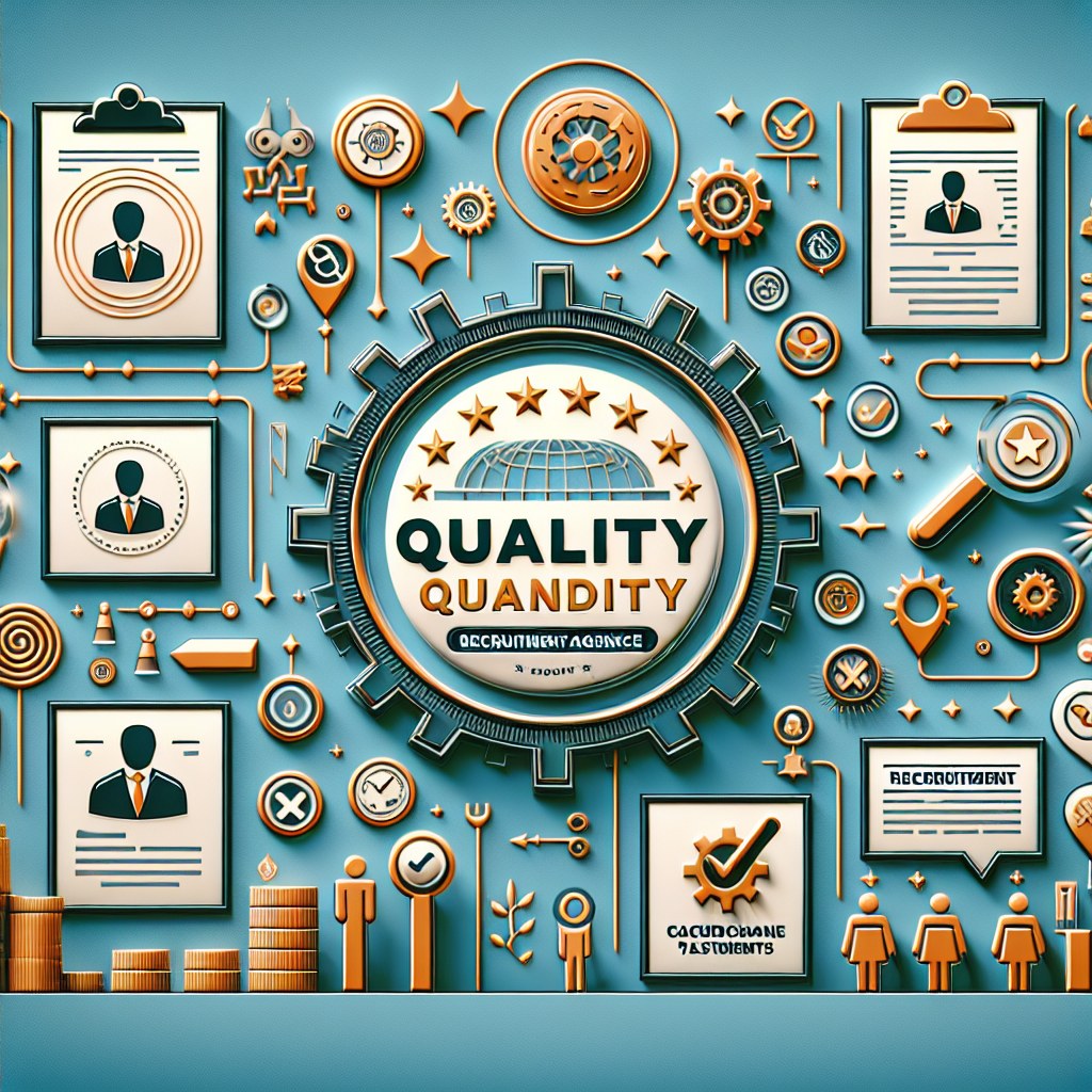 Generate an image of a recruitment agency emphasizing quality over quantity, with high-quality services represented by meticulous attention to detail, professional certifications, and testimonials on display. The setting should be clean and organized, with visuals of satisfied clients and successful candidate placements indicating excellence in recruitment services.
