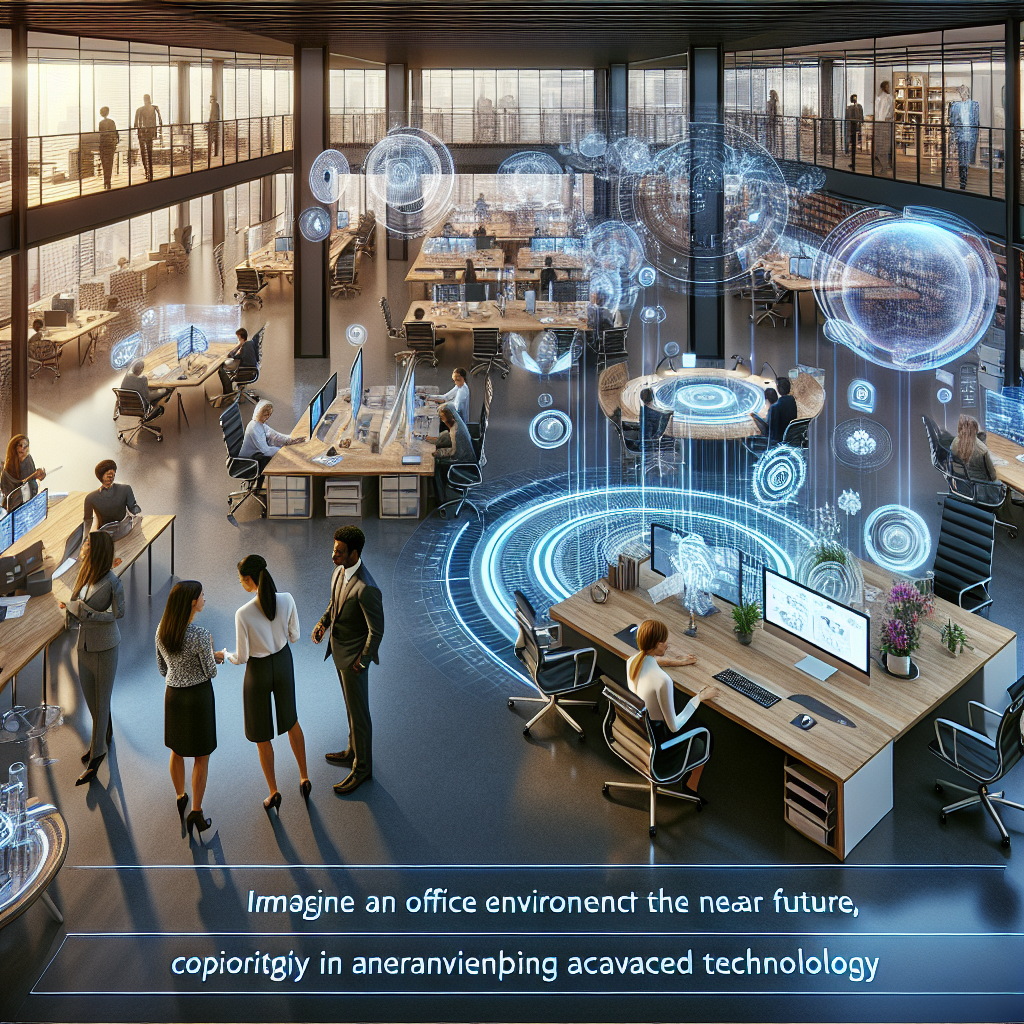 Generate an image showcasing a futuristic office environment in 2024, with diverse employees working together creatively on advanced technology projects. Highlight elements of a vibrant and inclusive work culture, with flexible workspaces and digital interfaces, all set within a modern architectural design. Emphasize diversity and collaboration.