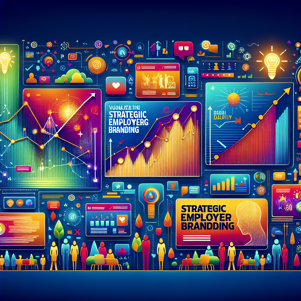 Generate an image of a digital landscape representing strategic employer branding. Visualize multiple online platforms displaying engaging campaigns that attract top talent, with bright visuals and captivating content. Incorporate elements like social media icons and graphs showing a rise in engagement and interest from potential candidates in 2024.