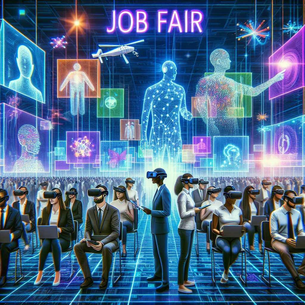 Generate an image depicting a high-tech virtual job fair in 2024. Show people from different backgrounds interacting via holograms and virtual reality headsets. Create a dynamic scene with futuristic tech displays, showcasing the seamless integration of technology in the recruitment process and emphasizing accessibility and innovation.