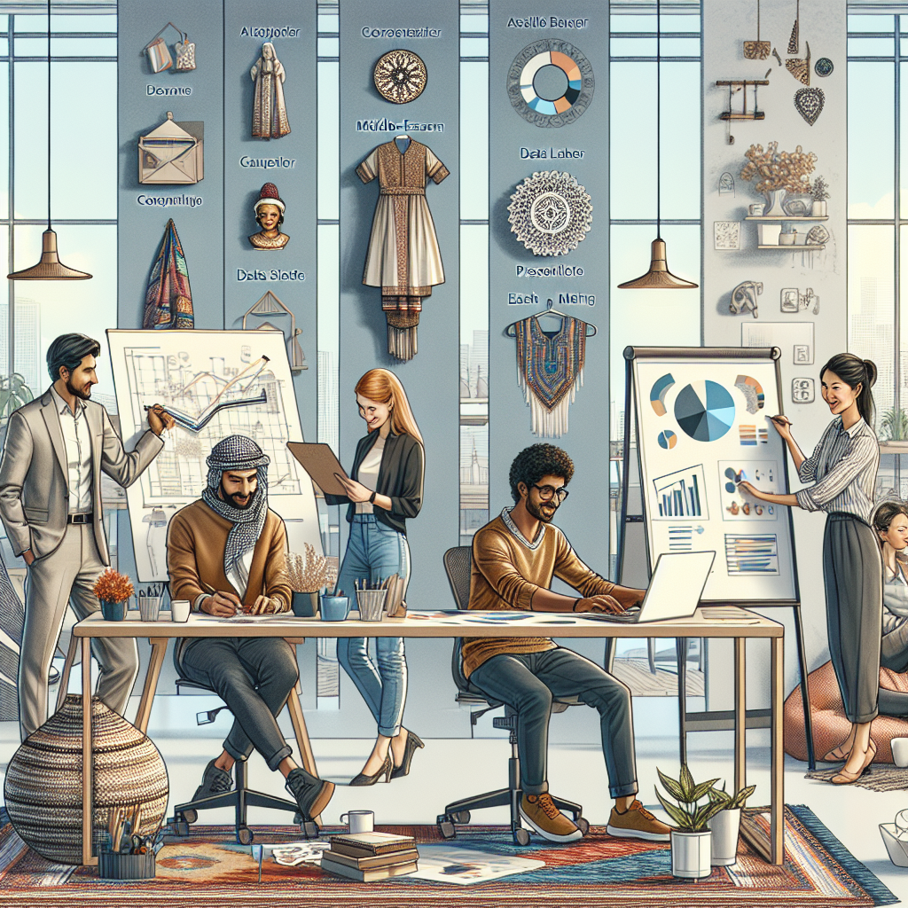 Generate an image of a diverse team brainstorming in an open and inclusive workspace. Capture the essence of different cultural backgrounds coming together, with visual elements representing flexibility and creativity. Include symbols of diversity, like cultural artifacts or clothing, and elements that promote work-life balance and happiness.
