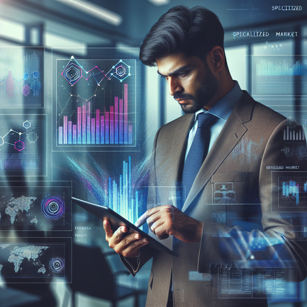 Generate an image of a recruitment consultant deeply analyzing specialized market insights on a digital tablet. Display graphs and charts in the background representing different niche markets, highlighting a futuristic office environment with a dynamic and vibrant color palette.
