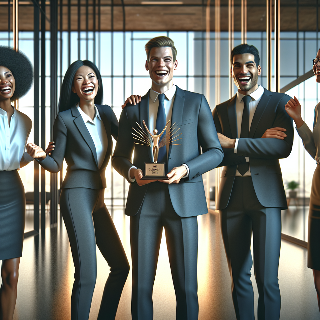 Generate an image of a recruitment agency building its reputation. Depict a group of diverse professionals celebrating a milestone. The scene should include awards and accolades displayed prominently in a modern office setting, with warm lighting to emphasize success and professionalism.