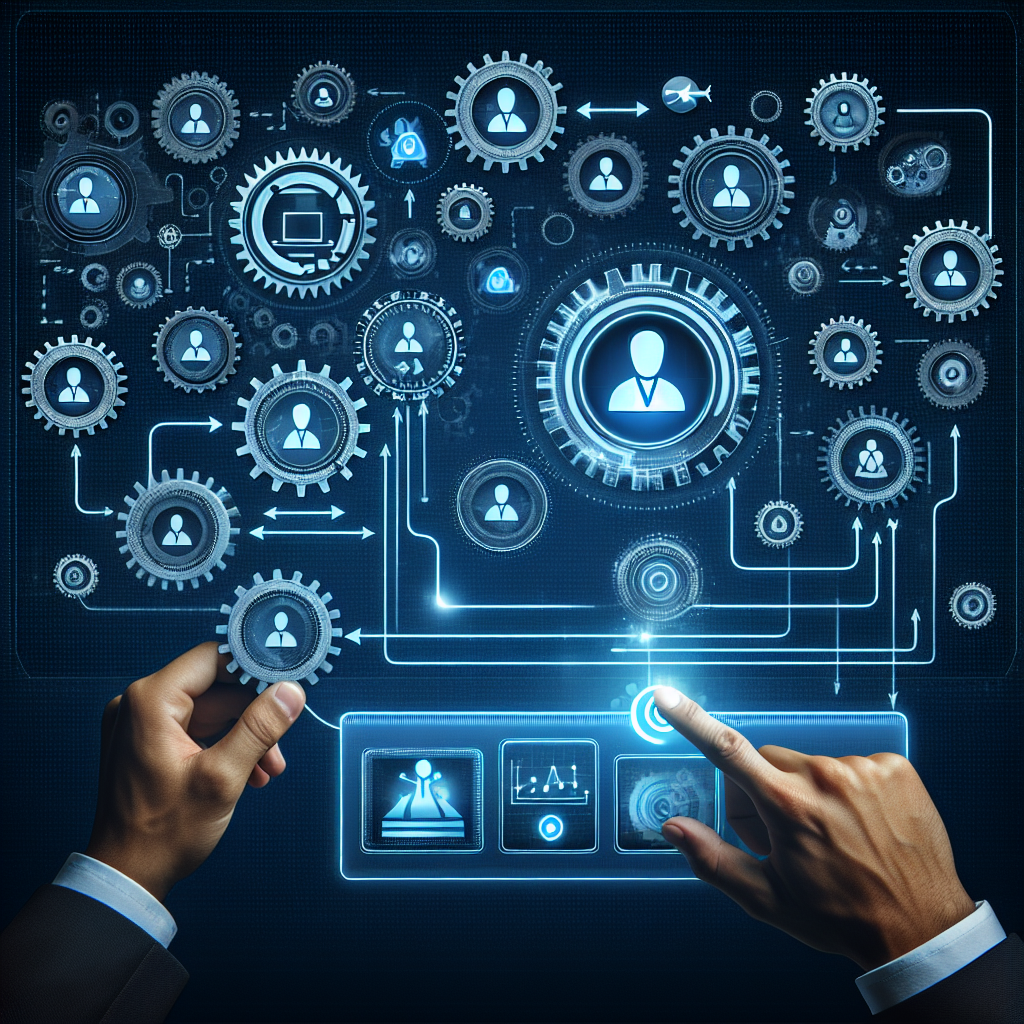 Generate an image of an efficient recruitment process flow. Illustrate a highly organized and automated system with gears and digital interfaces connecting recruiters and job candidates. The design should be sleek and minimalistic, emphasizing technology and forward-thinking approaches.