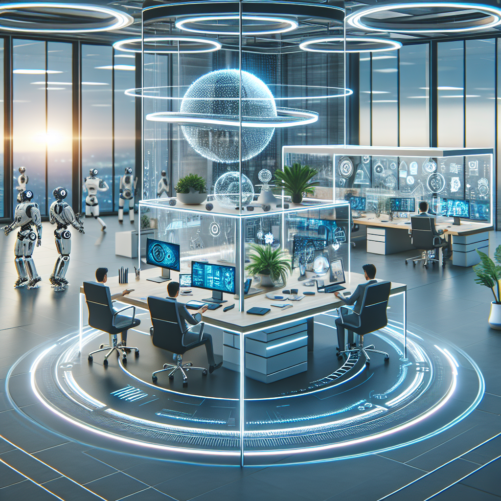 Generate an image illustrating a futuristic office space where technology seamlessly integrates with daily work, highlighting the theme of digital transformation. The scene should include virtual reality headsets, holographic displays, and collaborative robots, set within a sleek, modern office design.