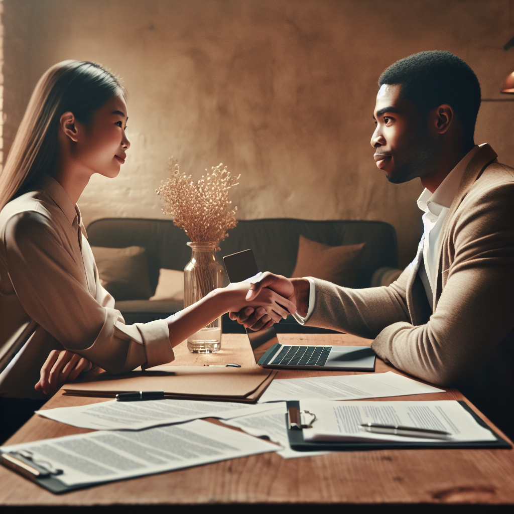 Generate an image of a recruiter forging deep relationships with candidates and employers. Show a personal and engaging meeting in a cozy and inviting setting, with individuals shaking hands over a table filled with documents and a laptop. Use soft, neutral tones to convey trust and connection.