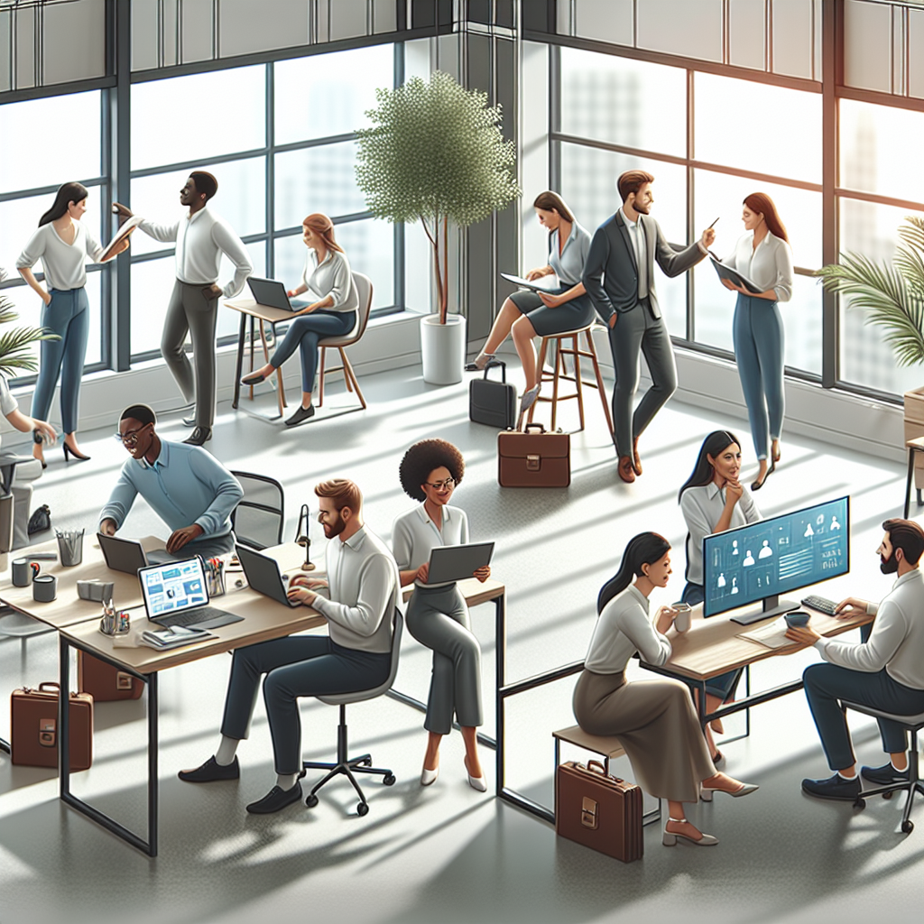 Generate an image depicting a diverse and flexible work environment. Showcase a team of individuals from various cultural backgrounds working together, with elements such as flexible seating arrangements, natural lighting, and a blend of in-person and remote communication tools.