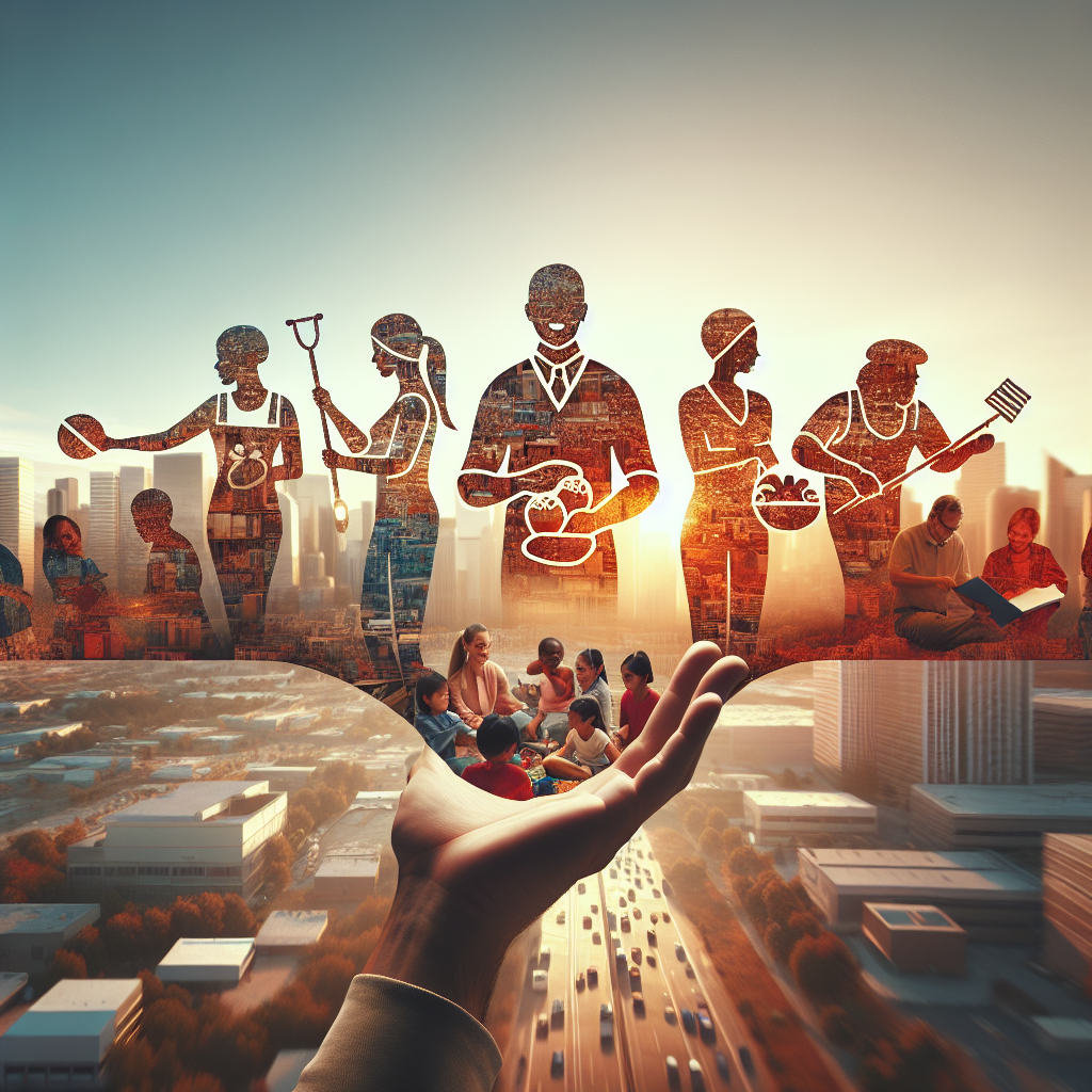 Generate an image emphasizing the concept of employer branding in a post-pandemic world. Visualize a compelling company logo, with employees showcasing community engagement and social responsibility, set against an uplifting and inspiring backdrop.