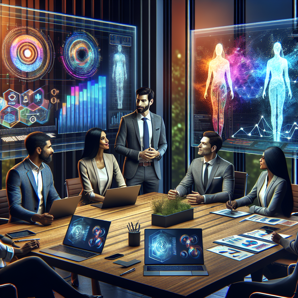 Generate an image illustrating a strategy meeting focusing on attracting top talent. The scene should feature diverse professionals engaged in a creative brainstorming session, with digital tools and data analytics prominently displayed on interactive screens, reflecting a modern and inclusive approach to recruitment.