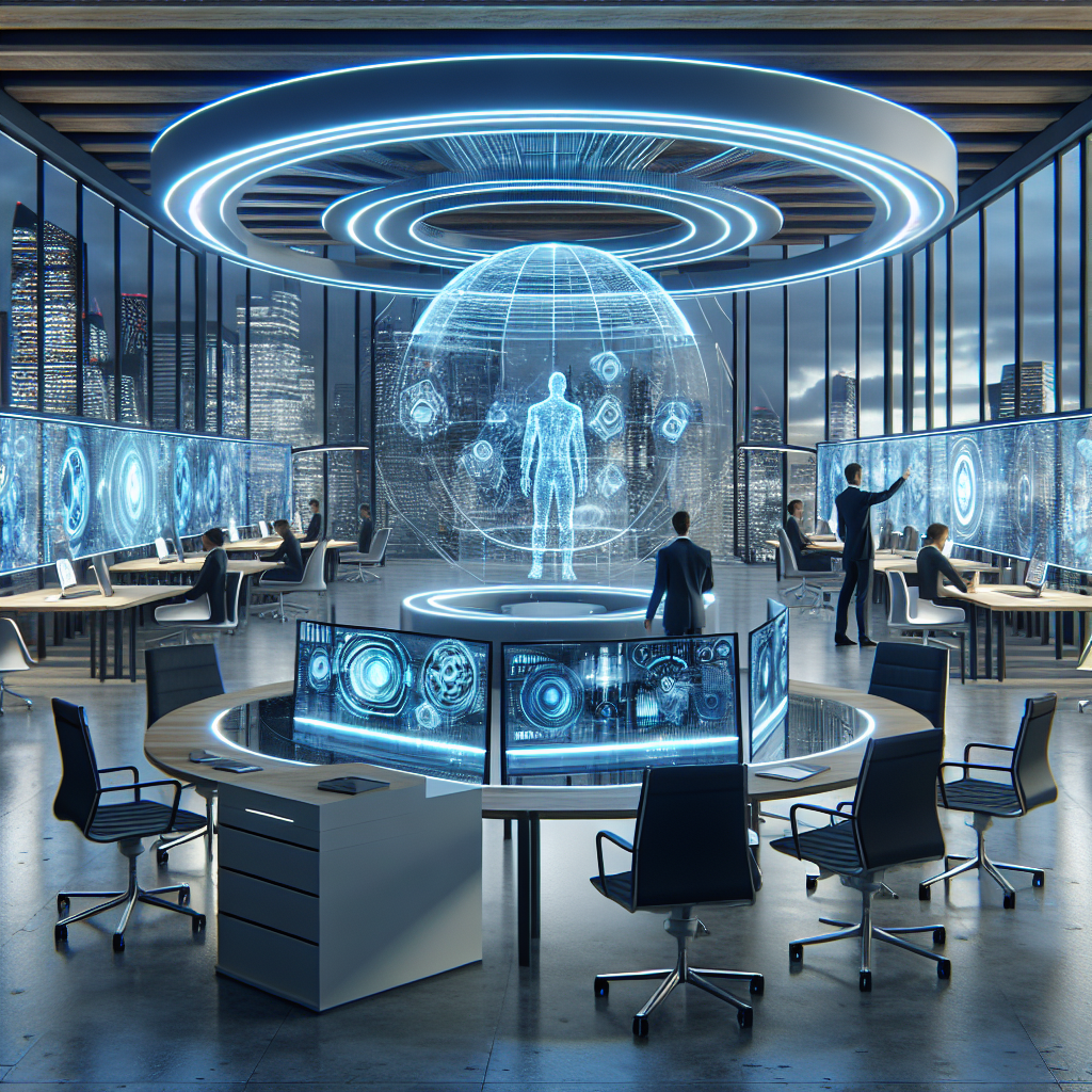 Generate an image depicting a futuristic office environment seamlessly combining physical and remote workspaces. Include advanced technology setups like holographic displays and virtual reality meeting pods, capturing the essence of hybrid workplaces.