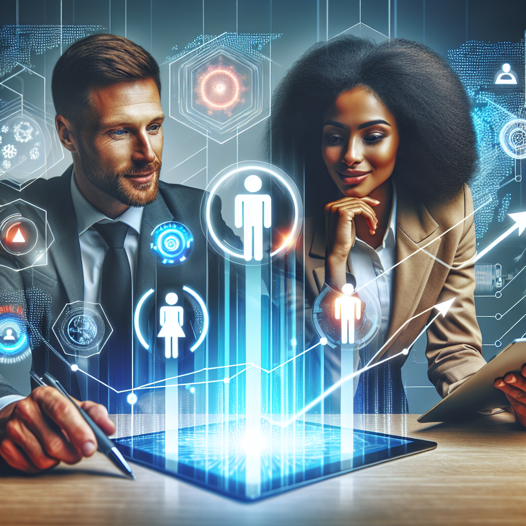 Generate an image of a dynamic partnership between a staffing agency and an innovative tech company. Show representatives from both organizations collaborating over digital platforms, with visual elements representing growth and innovation, like graphs and emerging technology icons.