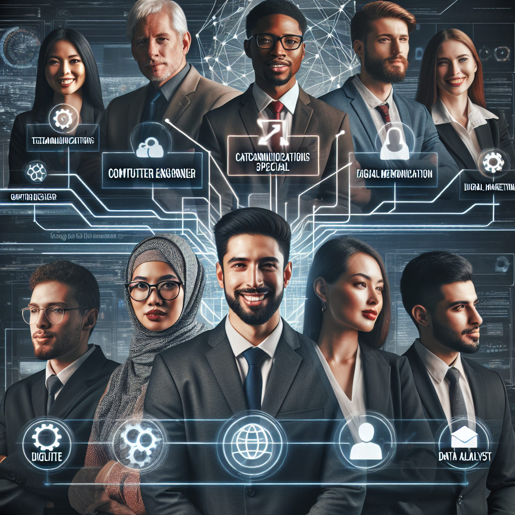 Generate an image illustrating a diverse pool of candidates tailored for hybrid work roles. Show individuals from various professional backgrounds connected through a web of digital networks, highlighting flexibility and the variety of skills suitable for modern hybrid workplaces.