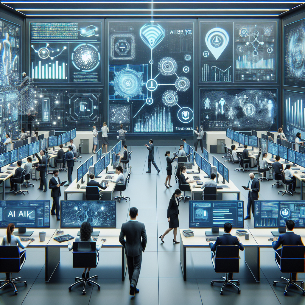 Generate an image focusing on the concept of investing in technology for staffing agencies. Depict an office setting with futuristic gadgets, AI-driven analytics screens, and staff actively engaging with digital tools to enhance recruitment processes.