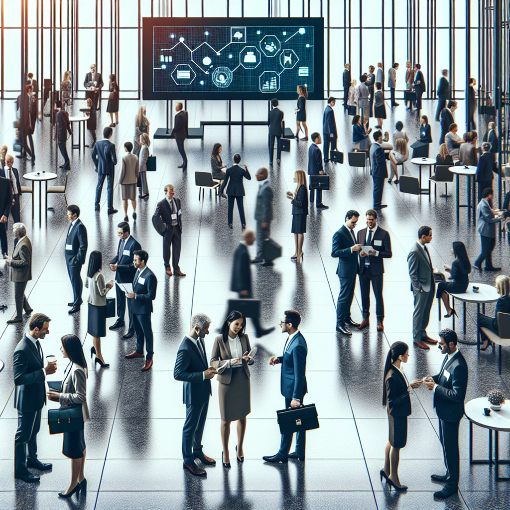 Generate an image of a bustling networking event tailored for senior professionals. The scene is filled with elegantly dressed individuals engaged in meaningful conversations, exchanging business cards in a modern conference hall. The atmosphere is professional and vibrant, with digital screens showcasing industry insights and opportunities for growth.