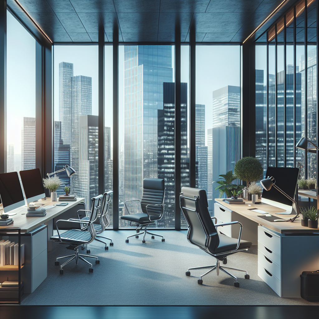 Generate an image of a sophisticated workspace for senior professionals, highlighting flexibility and personalization. The room is equipped with modern technology, ergonomic furniture, and a serene environment to foster focus and creativity. Large windows provide a view of a bustling cityscape, symbolizing connectivity and limitless possibilities.