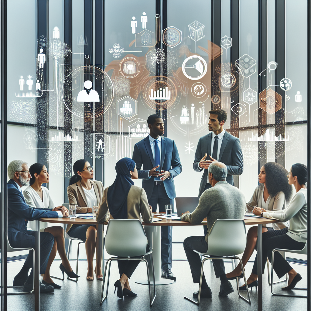 Generate an image of a collaborative meeting between senior professionals and recruiters, focusing on understanding unique needs. The setting is a glass-walled office with a round table, where diverse individuals share data-driven insights and strategic plans. The mood is inclusive and forward-thinking, illustrating the strength of partnership.