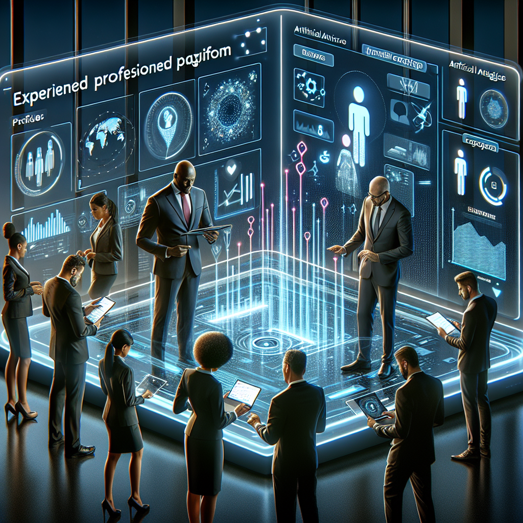 Generate an image of an innovative technological platform designed to attract senior professionals. The interface is sleek and user-friendly, with AI-driven tools and analytics displayed on a large touch screen. Senior executives interact with the platform, examining graphs and digital profiles, symbolizing the integration of technology in recruitment strategies.