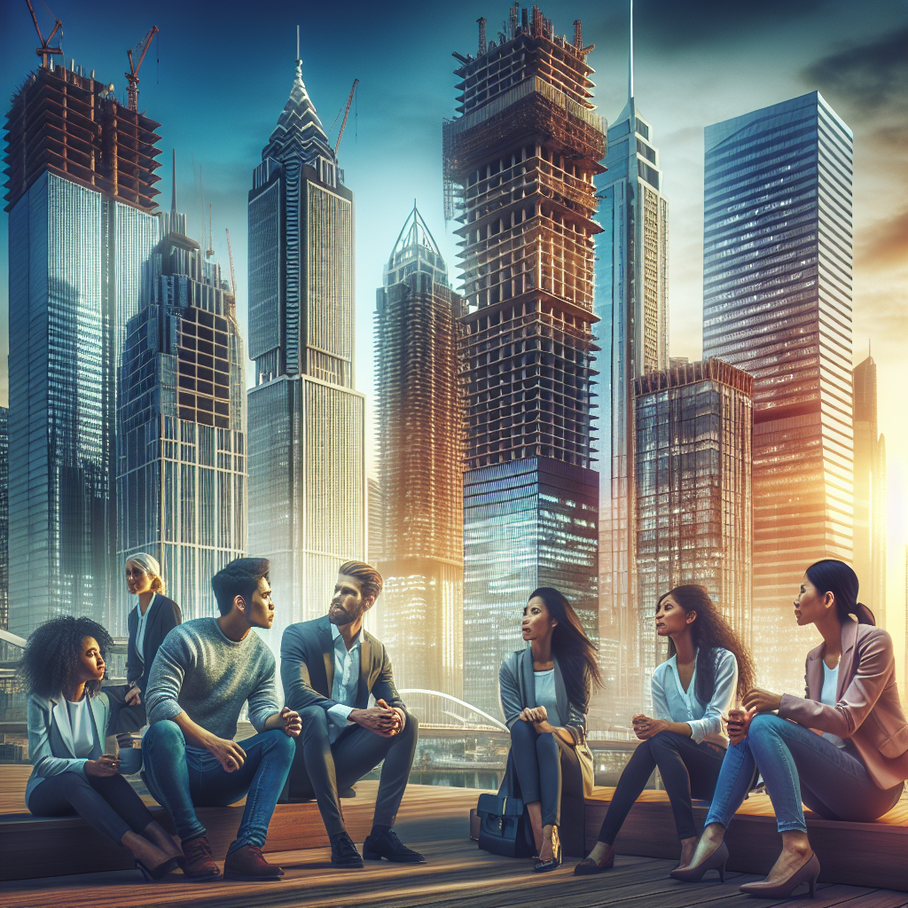 Generate an image depicting the bustling streets of an emerging market city with skyscrapers under construction, symbolizing economic growth and urbanization. The scene is vibrant, with a diverse crowd of young professionals and entrepreneurs engaging in lively discussions about flexible work solutions.