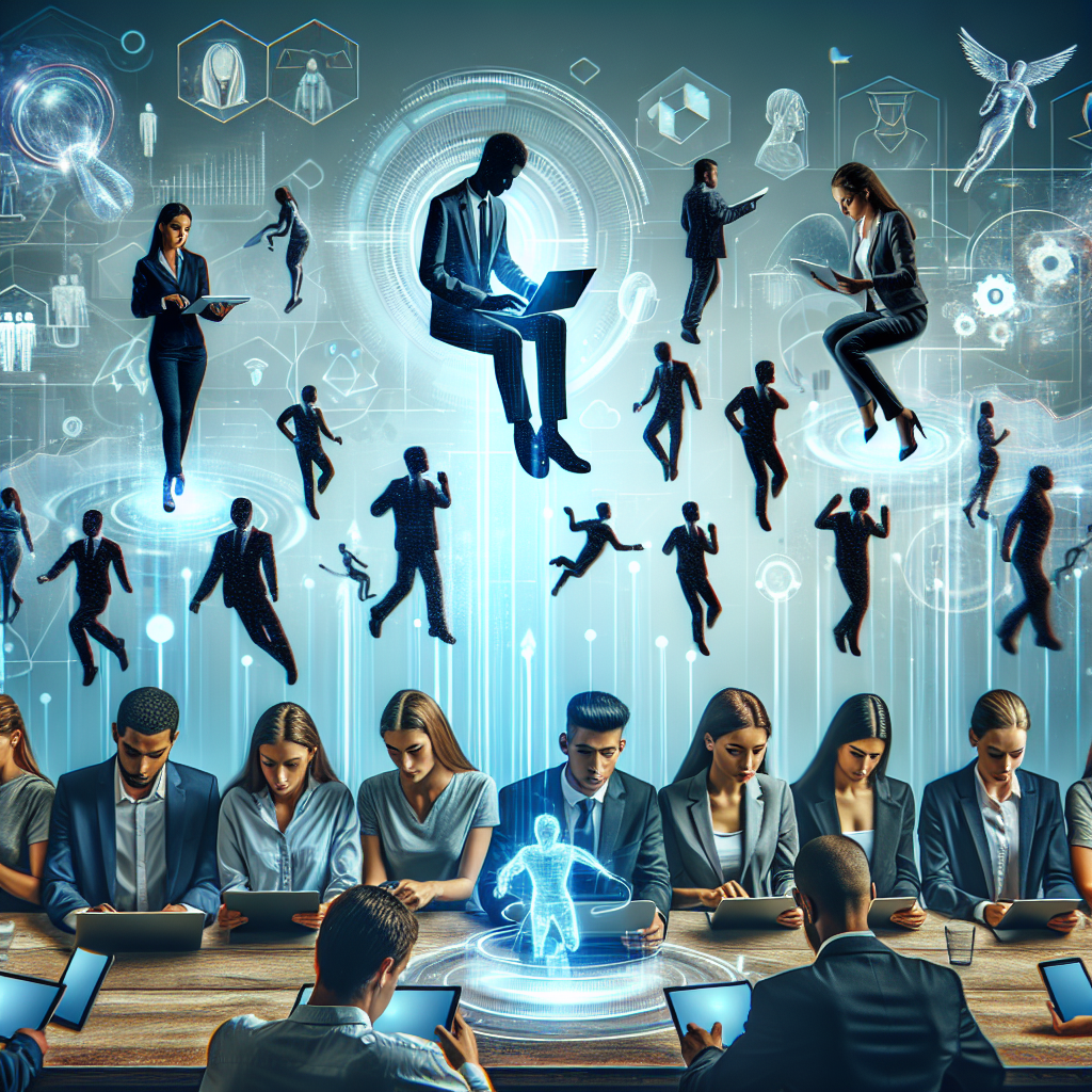Generate an image illustrating the seamless integration of technology in a modern workspace in an emerging market. Show a diverse group of young workers using tablets and laptops, with holographic graphs and charts floating around, reflecting innovation and digital transformation in employment.