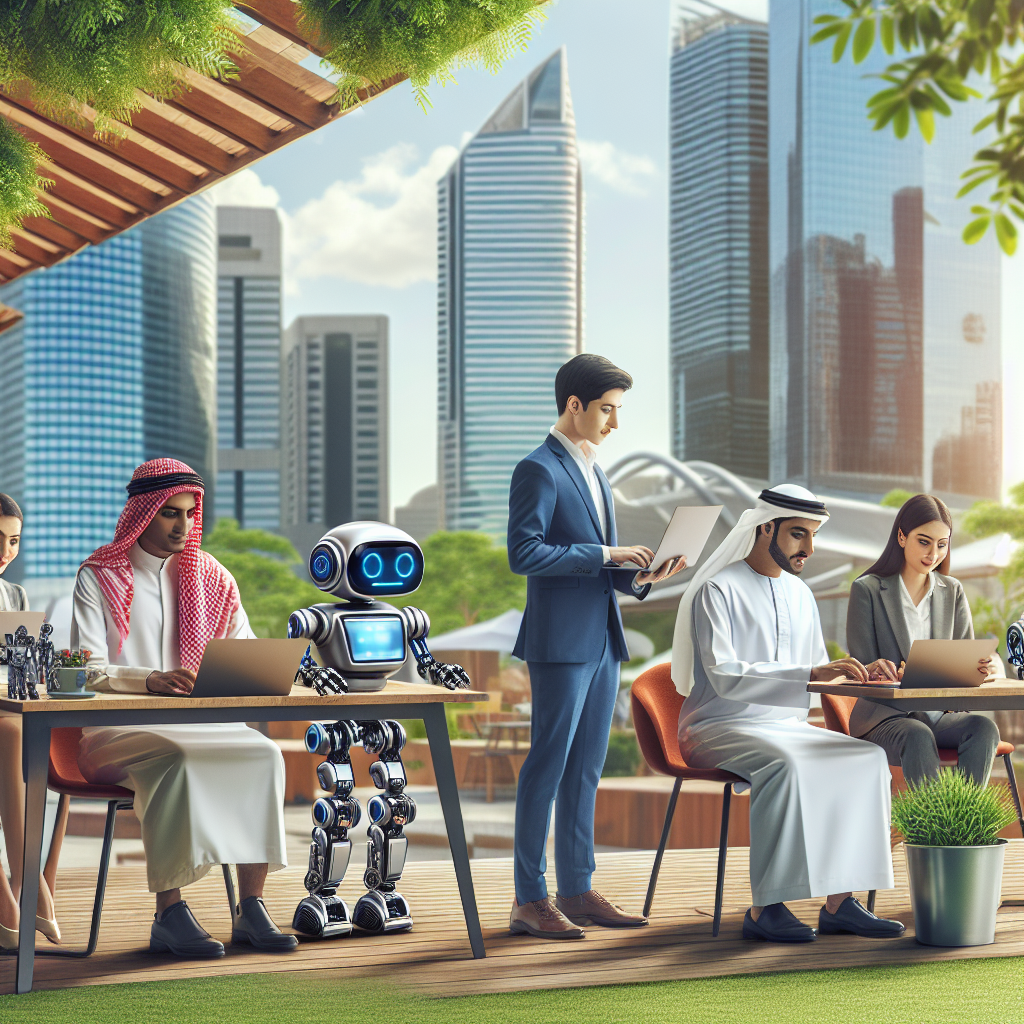 Generate an image of a young workforce interacting with robotic assistants in a flexible outdoor office setup, amidst a backdrop of lush greenery and modern architecture in an emerging market. The scene symbolizes the blend of technology and youth-driven opportunities for staffing agencies.