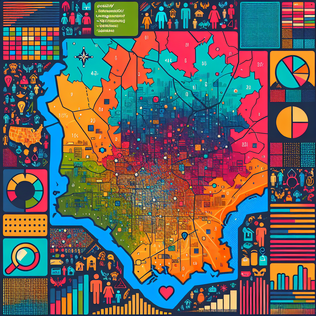 Generate an image showing a demographic map of an emerging market with highlighted regions of dense urbanization and burgeoning young populations. Use vibrant colors to indicate areas of economic growth, and include icons representing various flexible labor opportunities available in these regions.