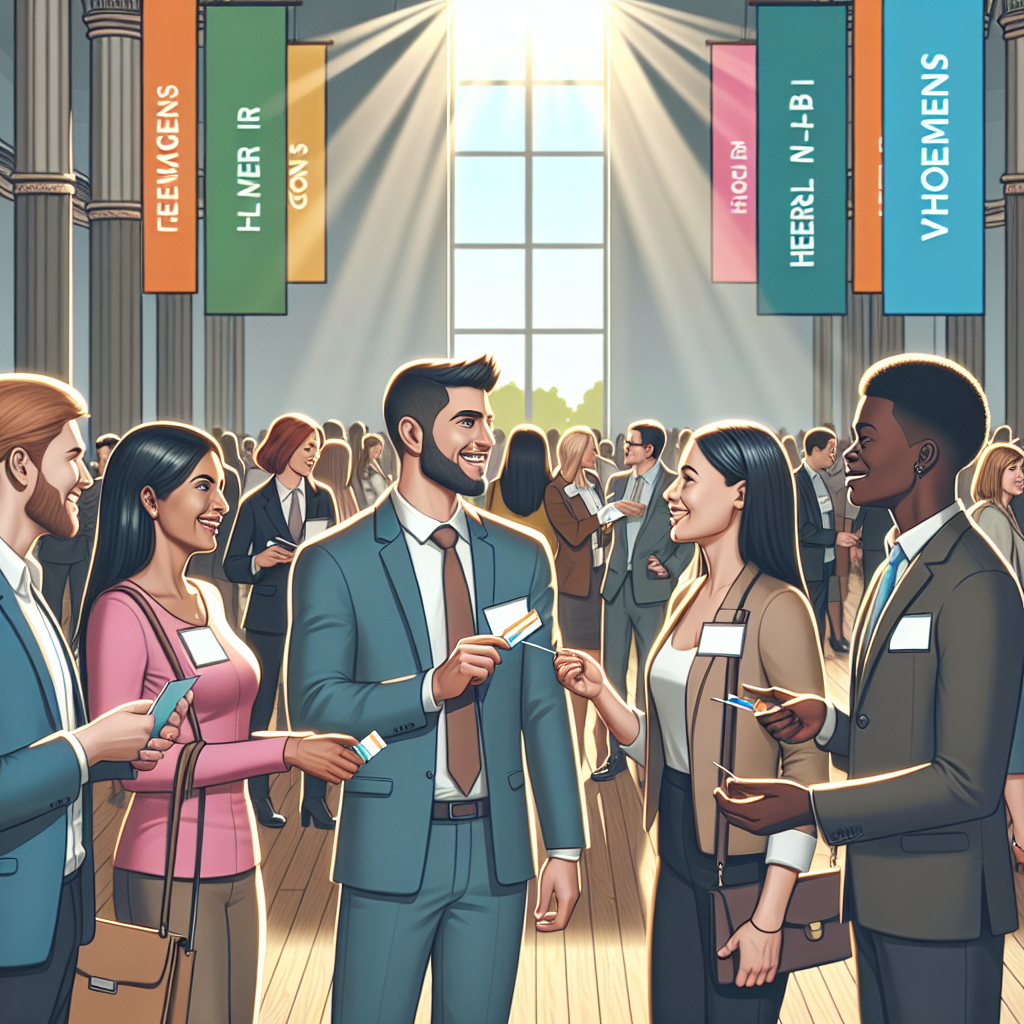 Generate an image of a bustling networking event for recruitment agencies in a local town hall, showcasing diverse professionals engaging in lively discussions. People are exchanging business cards under decorative banners promoting offline networking to increase local visibility. The atmosphere is friendly and welcoming, with natural sunlight streaming through large windows.