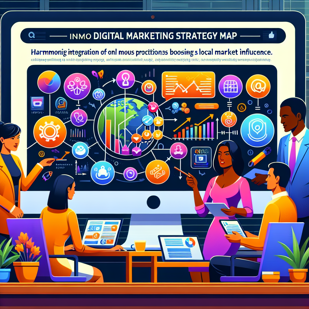 Generate an image of a dynamic digital marketing strategy map on a computer screen, featuring colorful graphs and icons representing SEO tactics and social media platforms. The background shows a recruitment agency office with a team collaborating, embodying the seamless integration of online marketing techniques to expand local market presence.