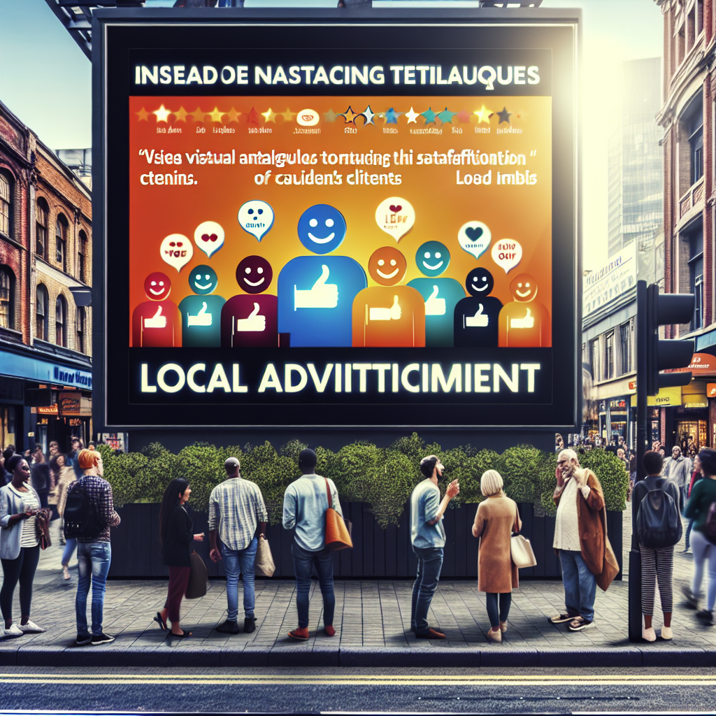 Generate an image of a vibrant local advertisement for a recruitment agency on a busy city street. The ad features bold, eye-catching graphics and testimonials from satisfied clients, displayed on a digital billboard. Pedestrians pause to read and interact with the ad, highlighting the effectiveness of using local ads to reach potential clients and candidates.