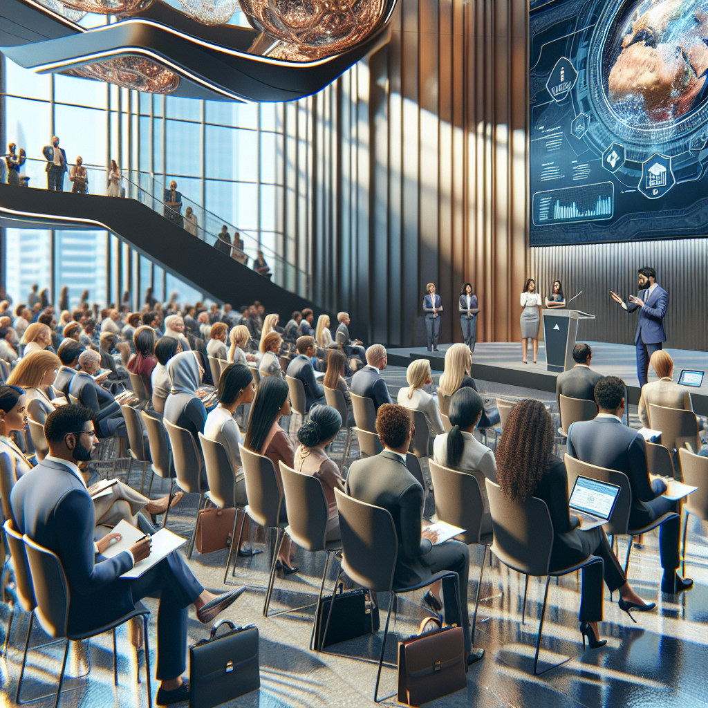 Generate an image of an educational event at a modern conference center, attended by both recruiters and job seekers. The scene captures a speaker presenting innovative recruitment strategies, with attendees taking notes and asking questions. The setting is high-tech, with interactive screens and diverse participants, emphasizing the value of educational events to attract clients and candidates.