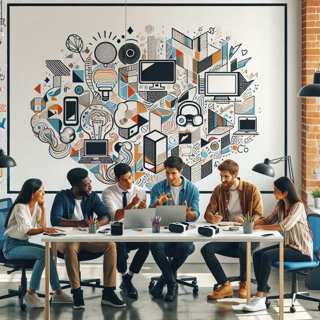 Generate an image depicting a diverse group of startup employees brainstorming in a modern, open office space. The walls are adorned with various motivational posters and tech gadgets are scattered across the tables, illustrating a company culture that values innovation and collaboration.